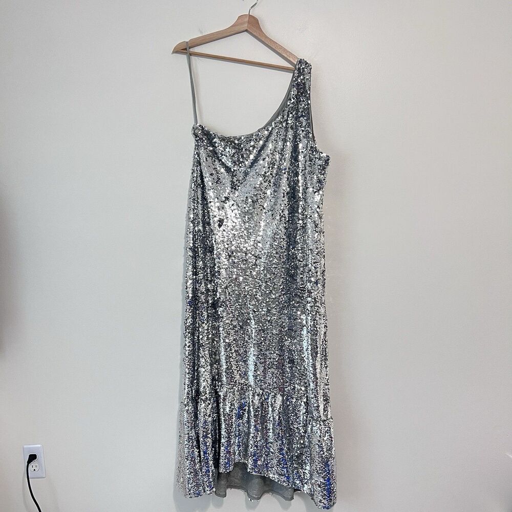 Anthropologie Maeve One-Shoulder Silver Sequin Maxi Dress XL Glam Party Cocktail - Picture 2 of 11